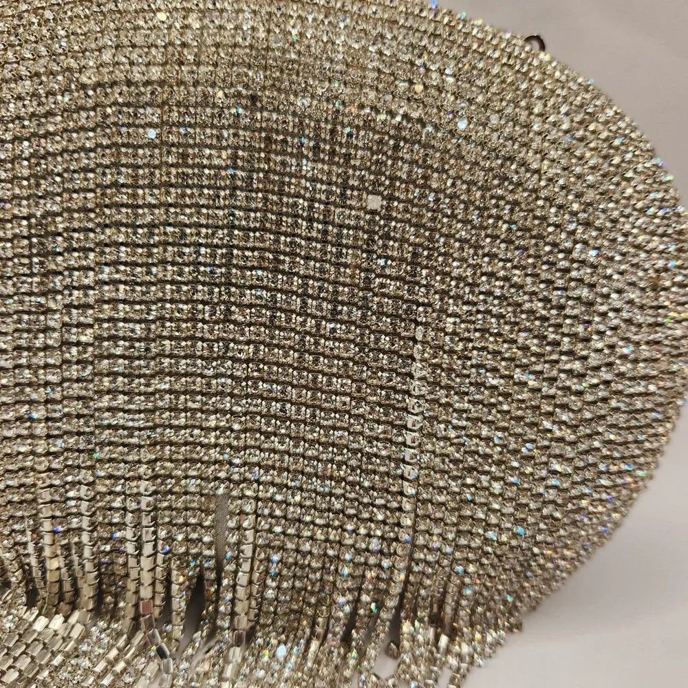 New Olga Berg Bria Crystal Fringe Clutch Rhinestone Chain Strap Silver Evening C